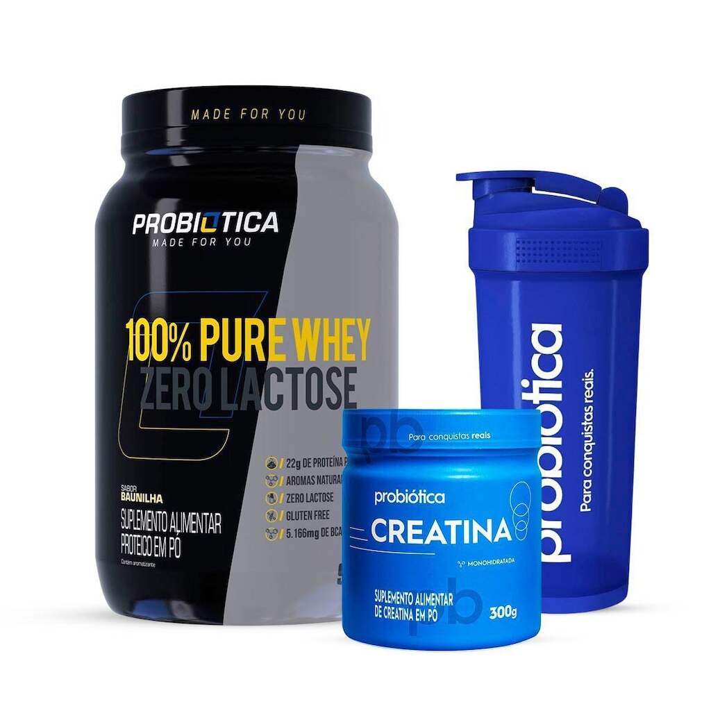 Combo Whey Zero Lactose 900g e Creatina 300g Coqueteleira