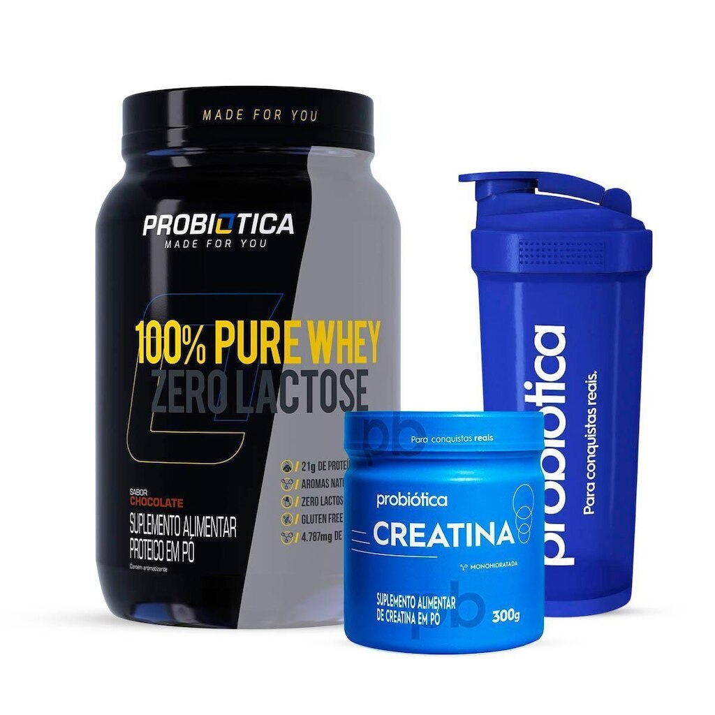 Combo Whey Zero Lactose 900g e Creatina 300g Coqueteleira