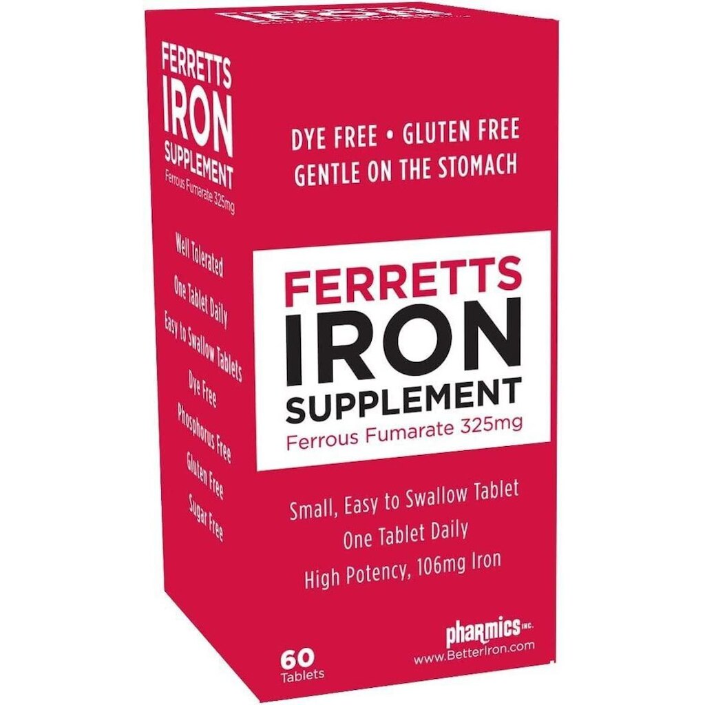Comprimidos de ferro Ferretts Ferrous Fumarate 325 mg, pacote com 2 unidades (120)