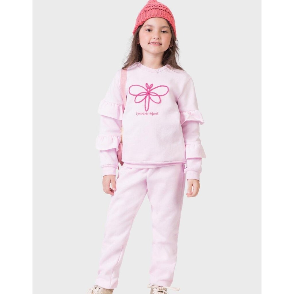 Conj Blusão Borboleta Com Calça Rosa Dia a Dia Frio Inverno Elegante - Menina 4 a 14 anos
