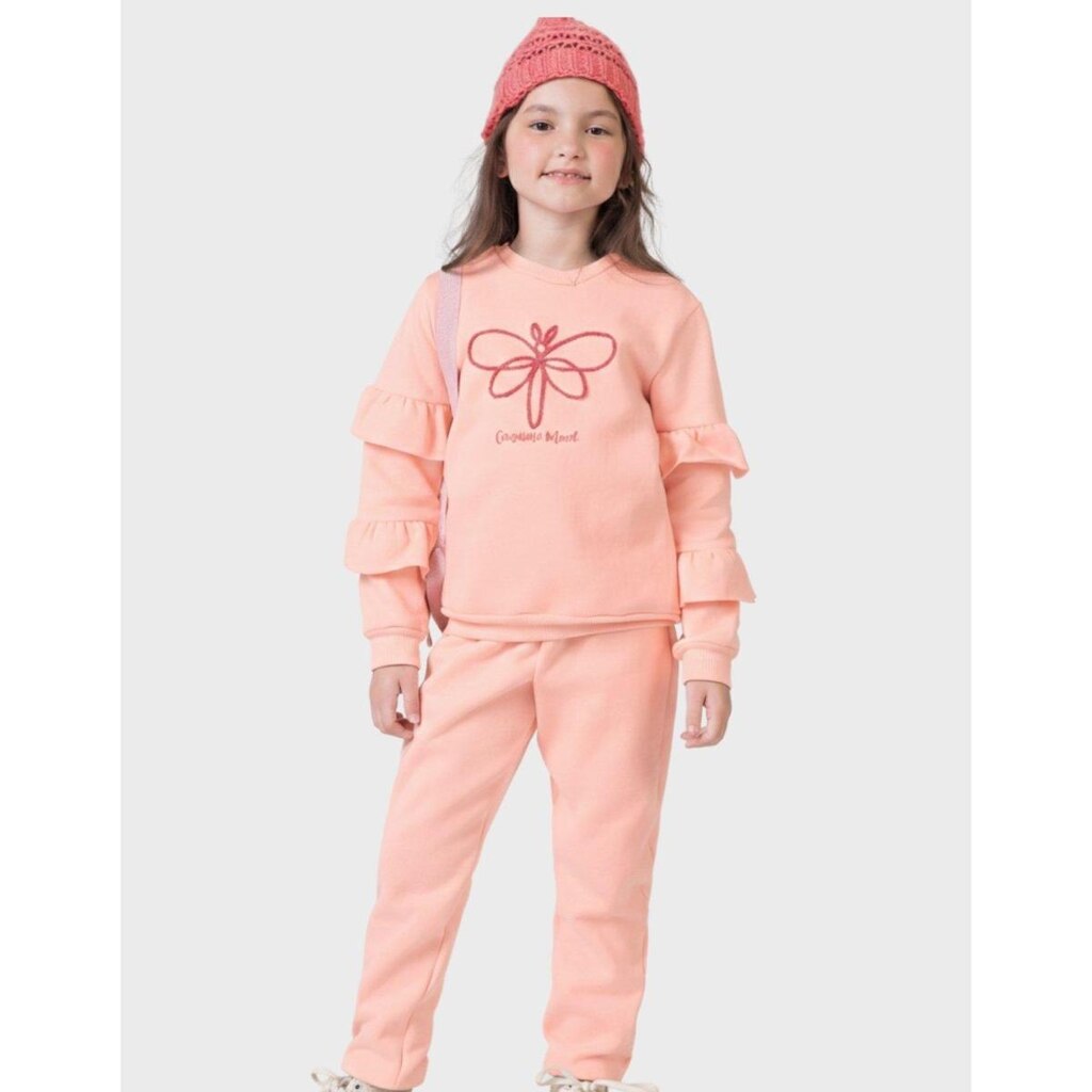Conj Blusão Borboleta Com Calça Rosa Dia a Dia Frio Inverno Elegante - Menina 4 a 14 anos