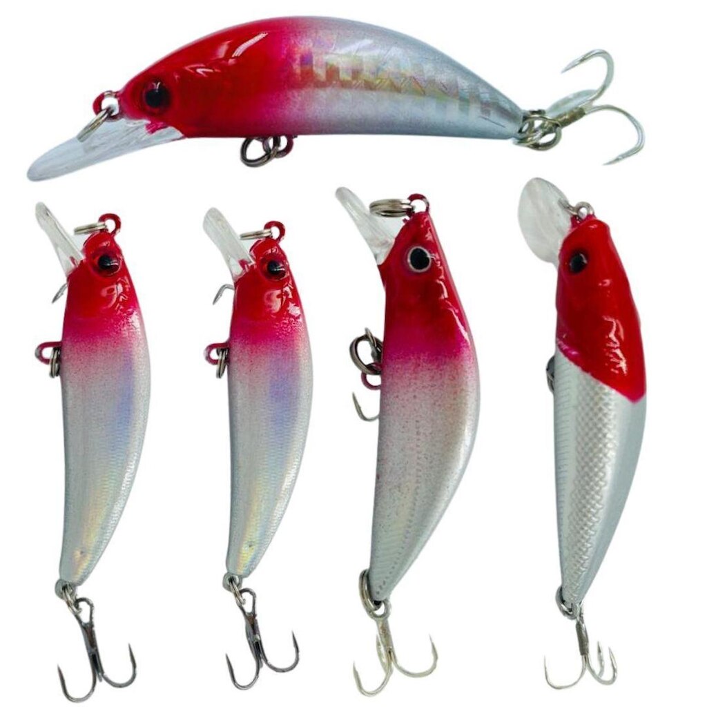 Conjunto 5 Iscas Artificiais Crank Bait Cabeça Vermelha com Estojo