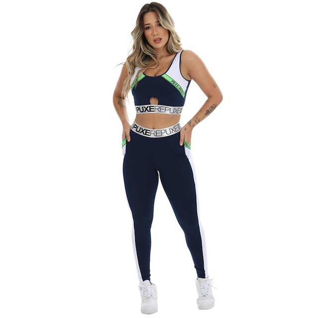 Conjunto Academia Calça Legging Com Bolso Top Comprido Feminino