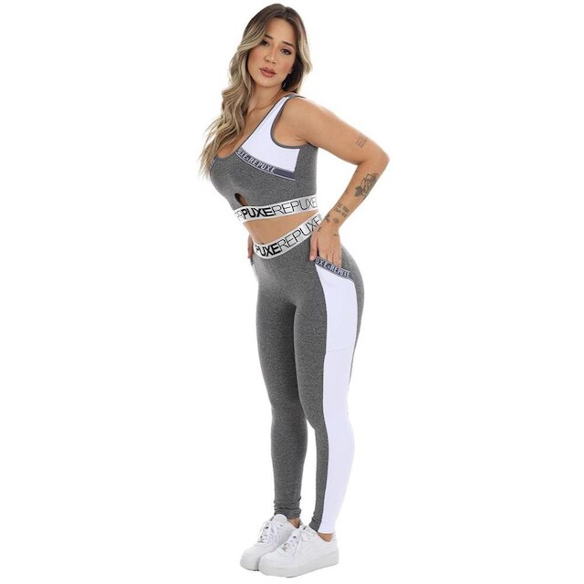 Conjunto Academia Calça Legging Com Bolso Top Comprido Feminino