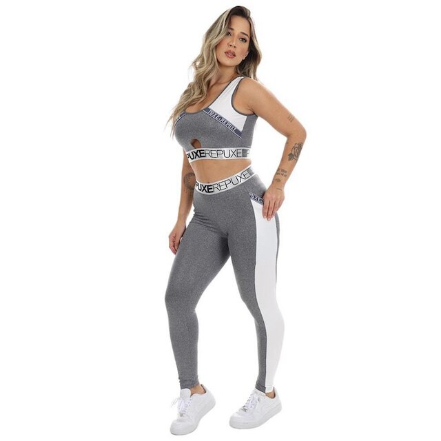 Conjunto Academia Calça Legging Com Bolso Top Comprido Feminino