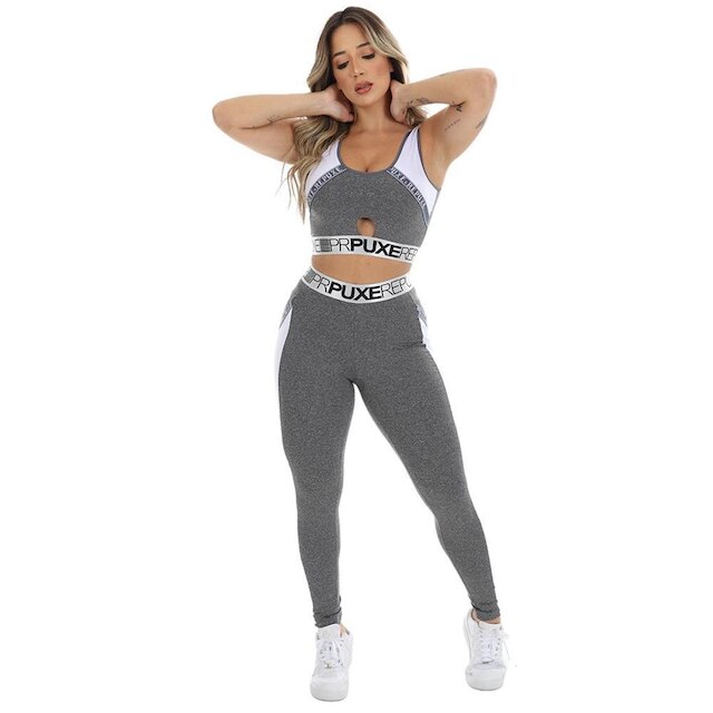 Conjunto Academia Calça Legging Com Bolso Top Comprido Feminino