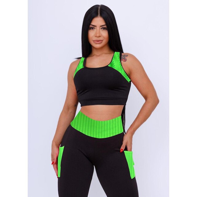 Conjunto Academia Cropped Com Bojo + Calça Legging Com Bolso