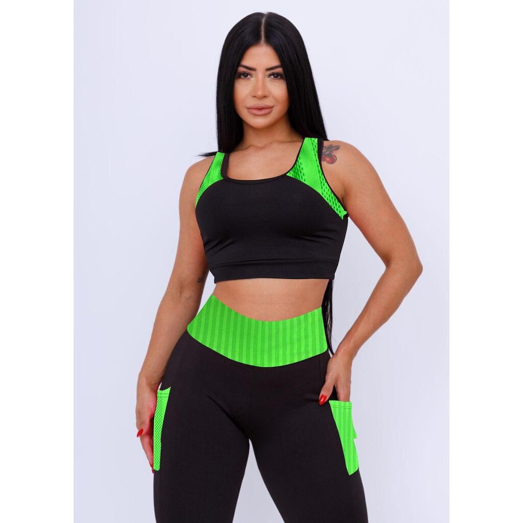 Conjunto Academia Cropped Com Bojo + Calça Legging Com Bolso