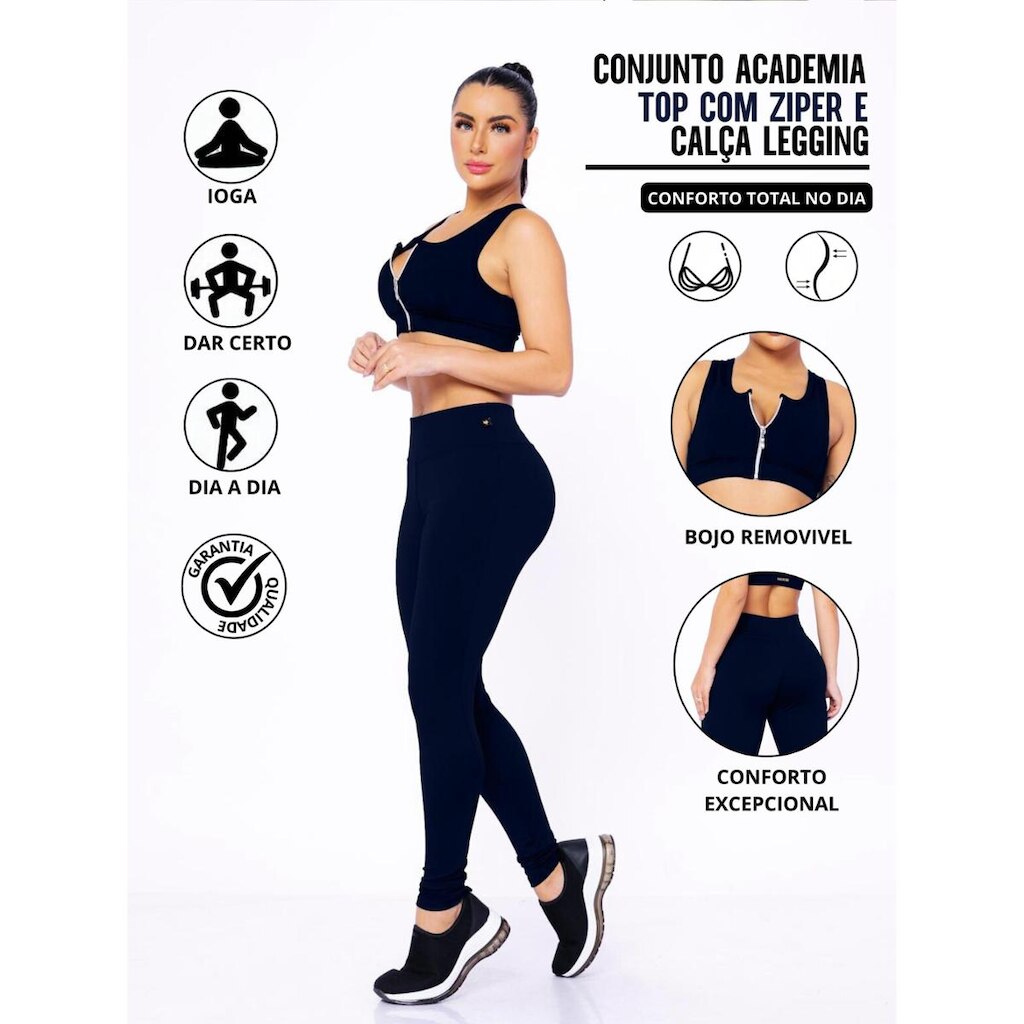 Conjunto Academia Top Com Ziper E Bojo E Calça Legging Sinta O Conforto No Seu Dia De Academia