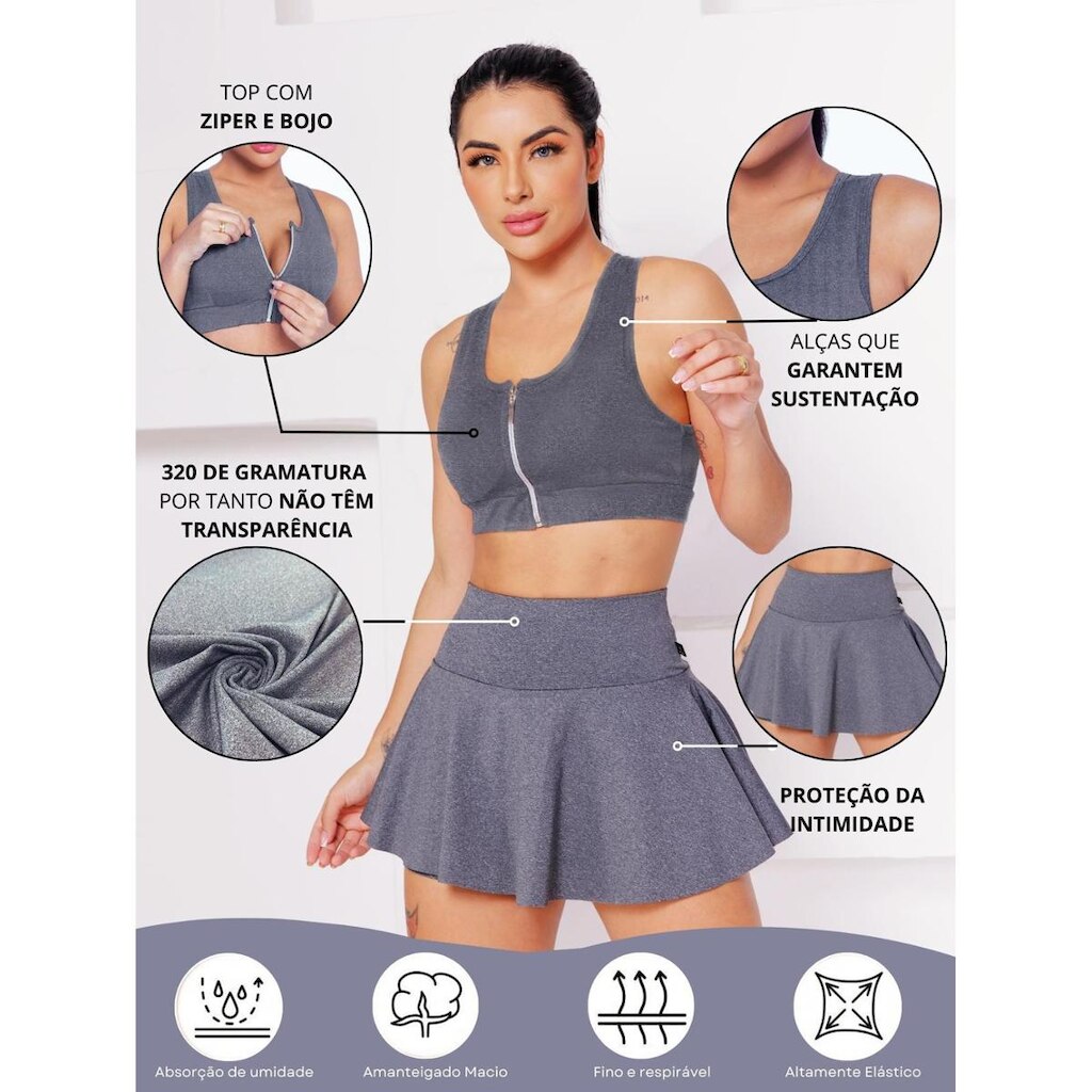 Conjunto Academia Top Com Ziper E Bojo E Short Saia Babado Sinta O Conforto E A Segurança