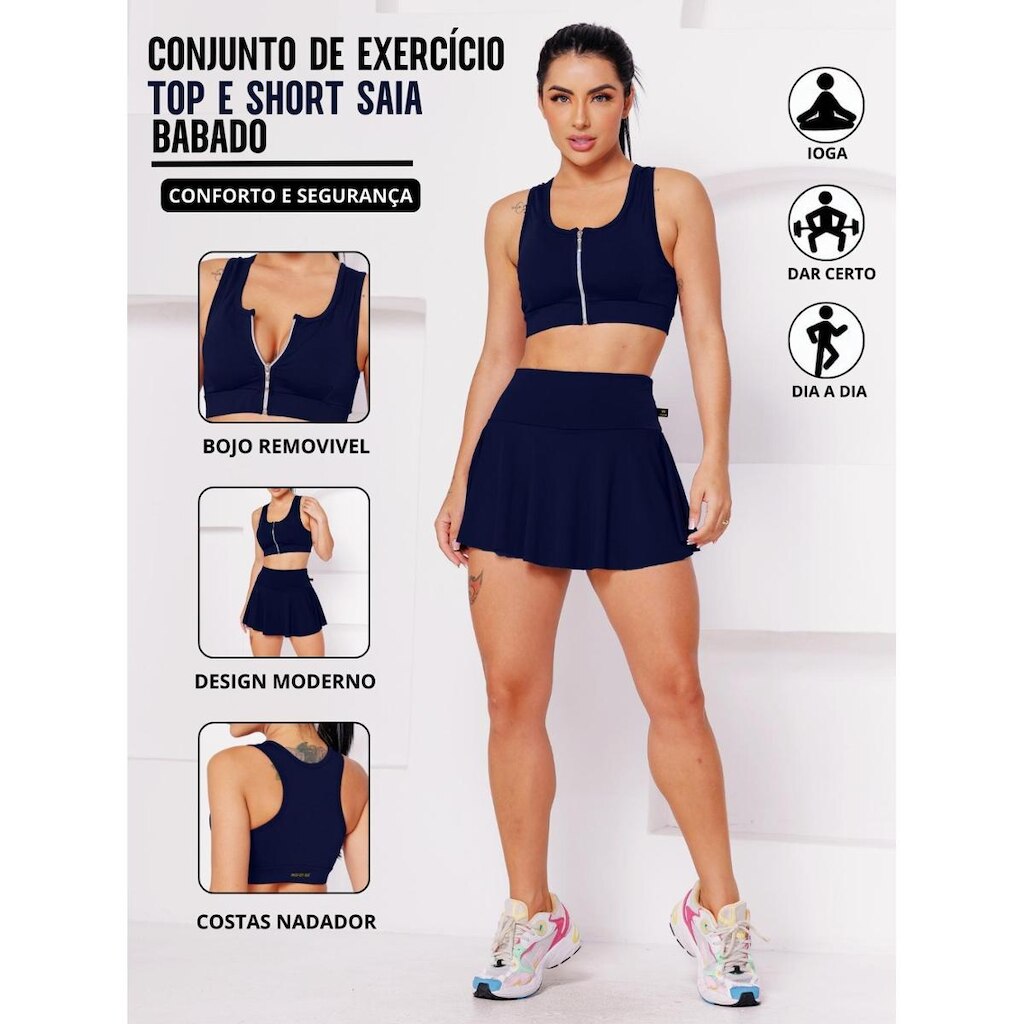 Conjunto Academia Top Com Ziper E Bojo E Short Saia Babado Sinta O Conforto E A Segurança