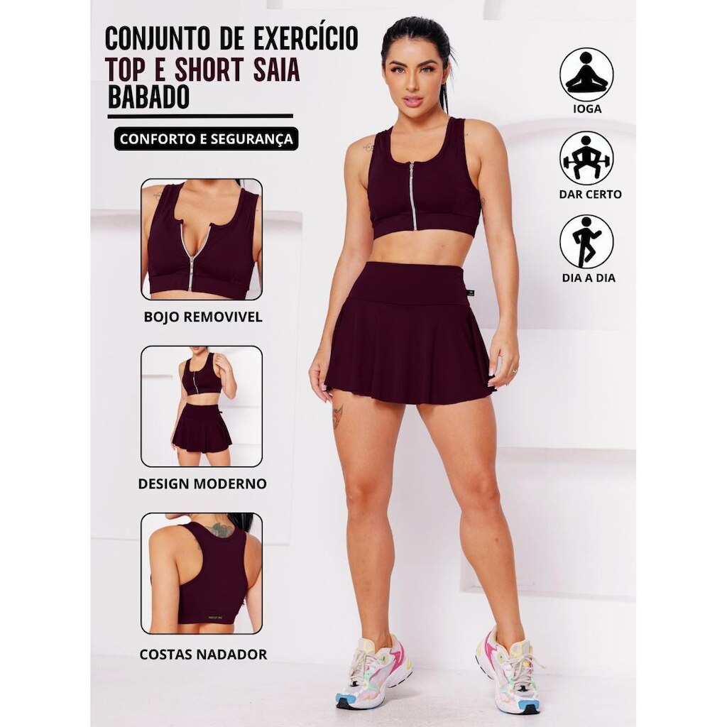 Conjunto Academia Top Com Ziper E Bojo E Short Saia Babado Sinta O Conforto E A Segurança