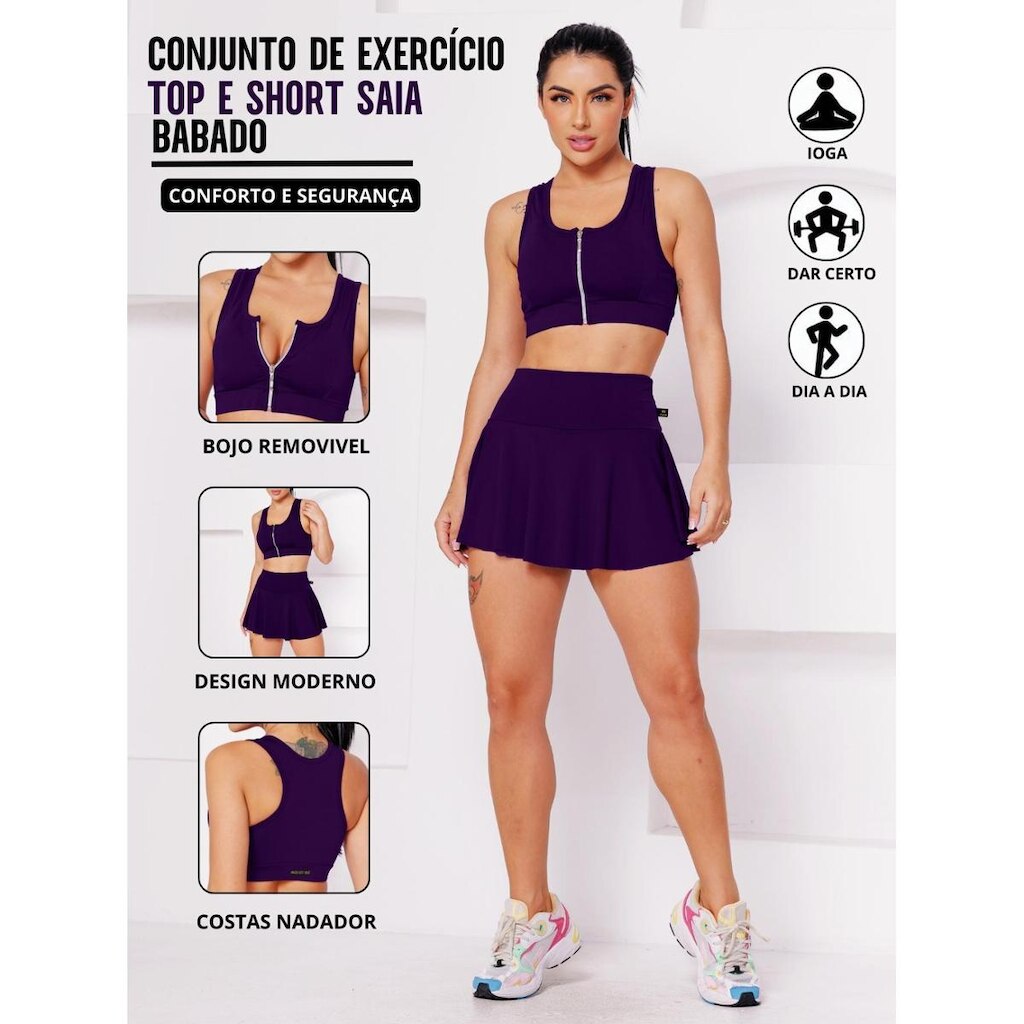 Conjunto Academia Top Com Ziper E Bojo E Short Saia Babado Sinta O Conforto E A Segurança
