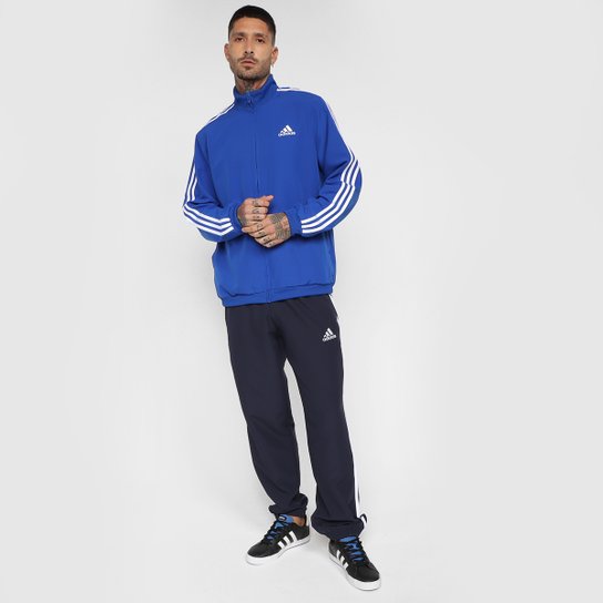 Conjunto Adidas Essentials 3 Listras Masculino - Azul Royal+Branco Menor preço em Conjunto Adidas Essentials 3 Listras Masculino - Azul Royal+Branco