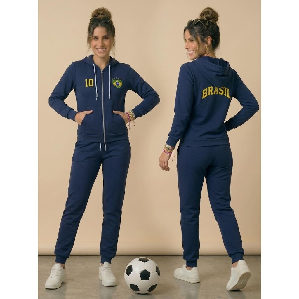 Conjunto Agasalho Feminino Casual Torcida Brasil Com Capuz