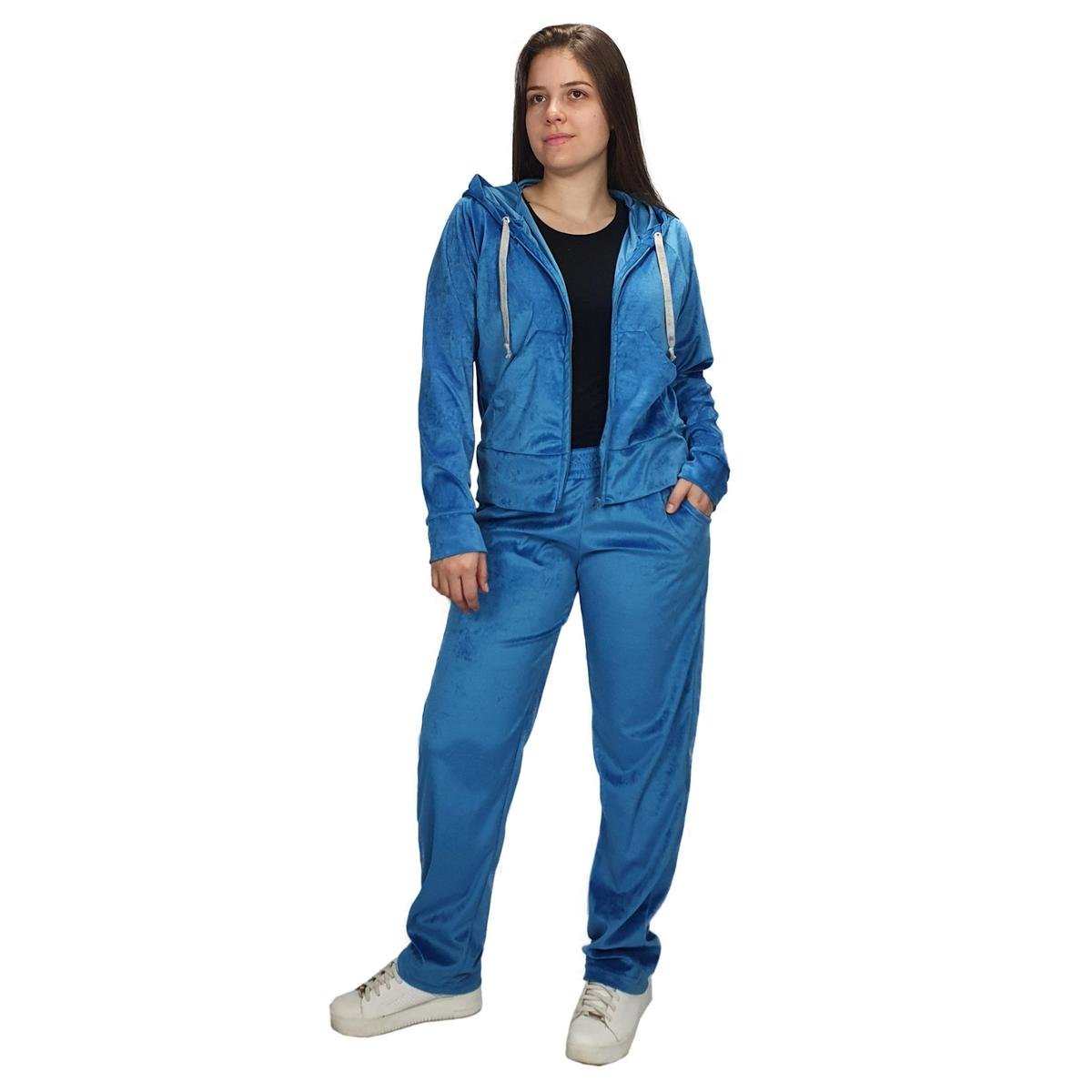 Conjunto Agasalho Veludo Plush Feminino Peluciado Quentinho Azul