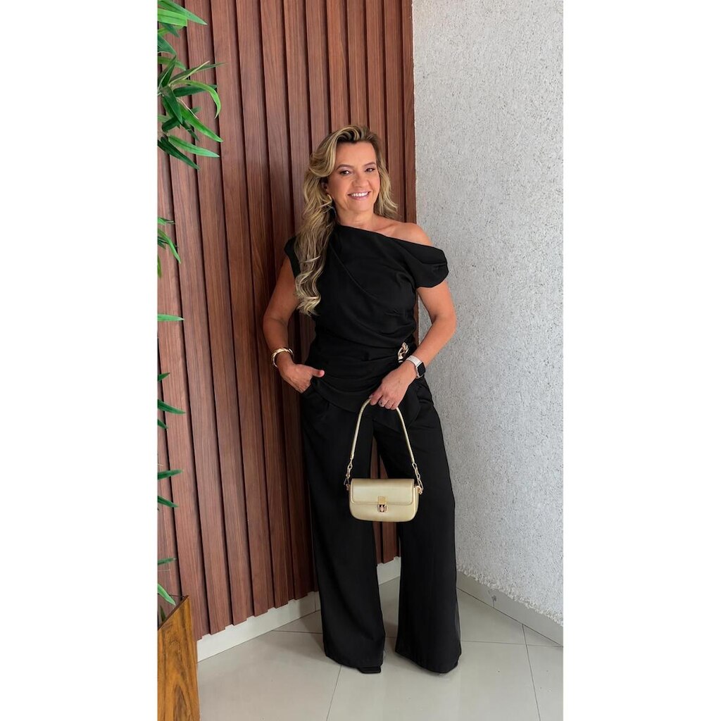Conjunto Alça Pantalona Blusa Assimetrica Com Boche Crisconf