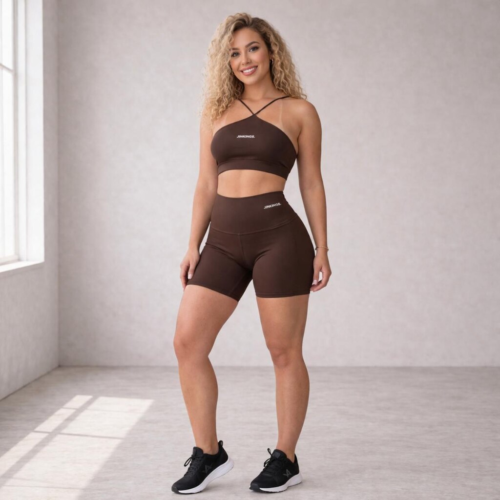 CONJUNTO AYLA Top em V e Short Curto, Feminino, Academia