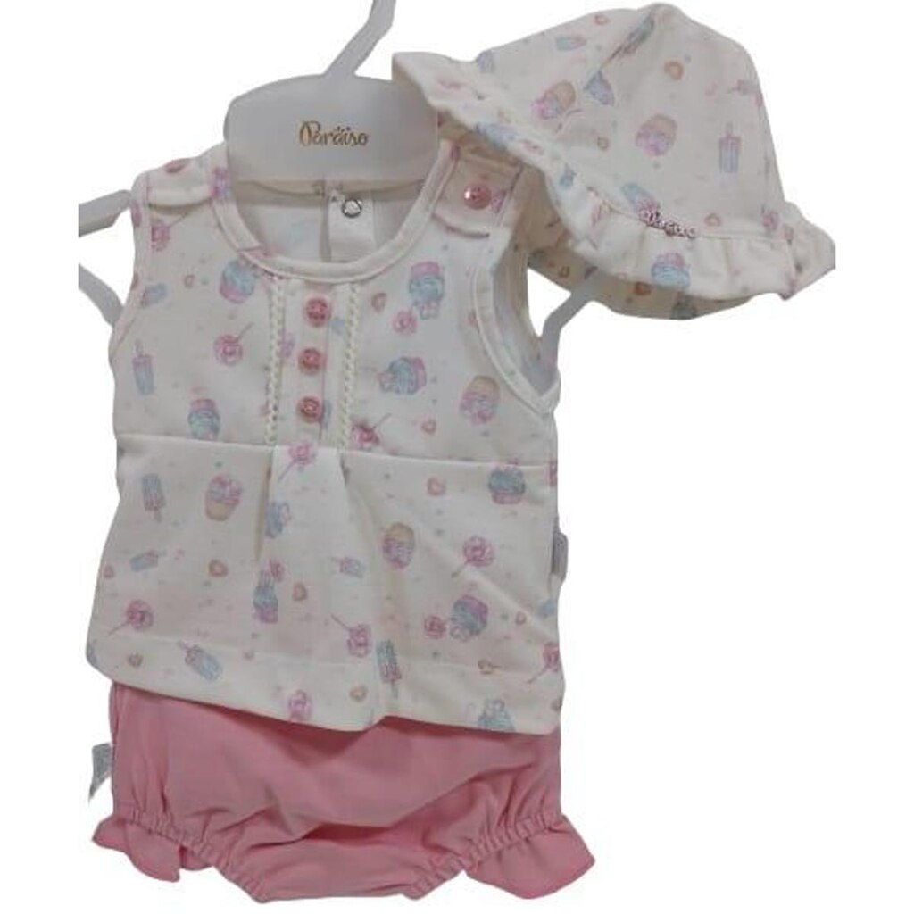 Conjunto Bata + Shorts + Chapeu Bebê Menina Paraiso Rf 13890