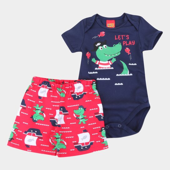 Conjunto Bebê Kyly Body E Bermuda Moletinho Let's Play Masculino - Marinho Menor preço em Conjunto Bebê Kyly Body E Bermuda Moletinho Let's Play Masculino - Marinho