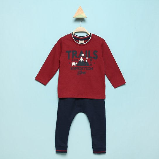 Conjunto Bebê Milon Trails Camiseta Manga Longa + Calça Moletom Masculino - Vermelho Menor preço em Conjunto Bebê Milon Trails Camiseta Manga Longa + Calça Moletom Masculino - Vermelho