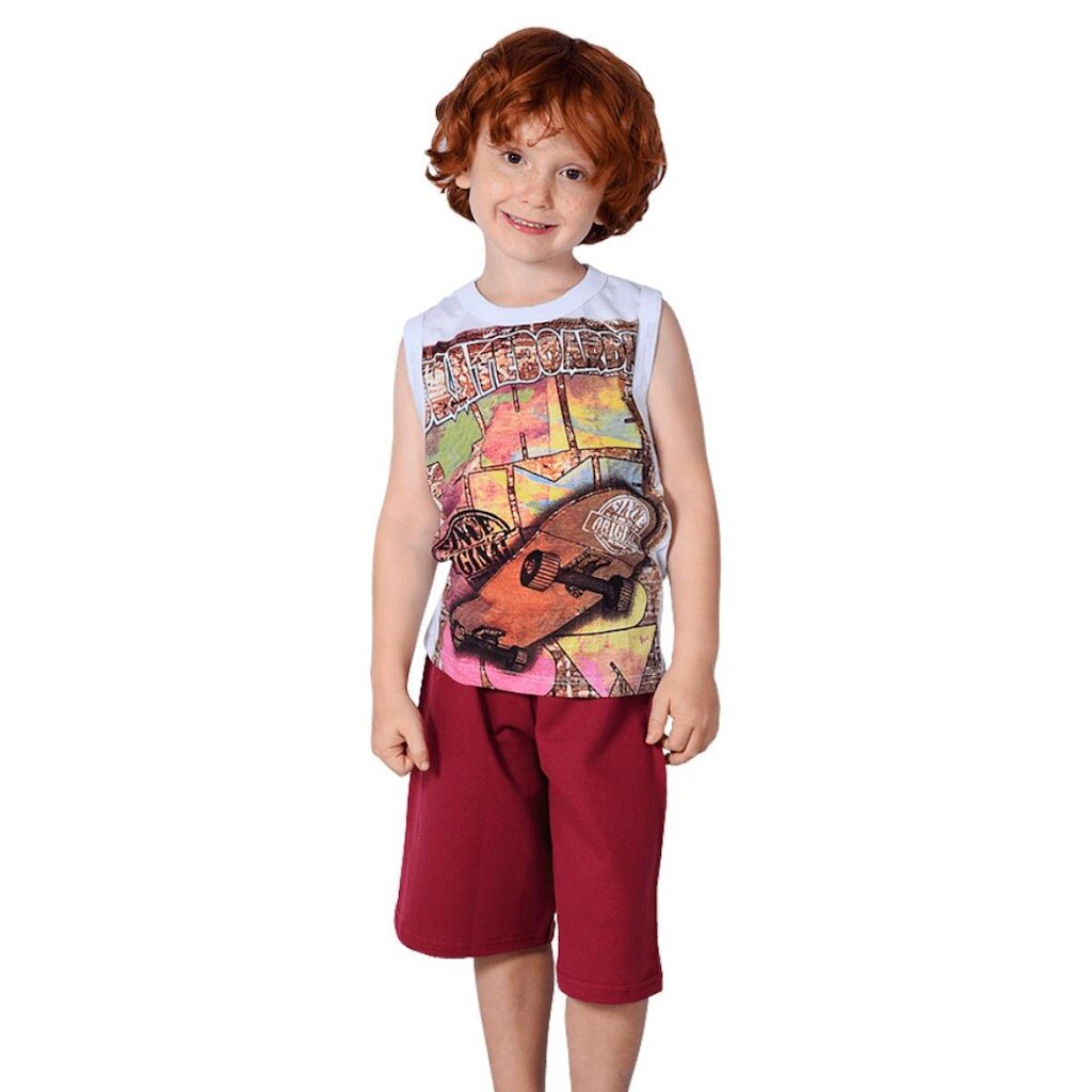 Conjunto Bermuda Vermelha e Regata Branca de Skate - Big Bless