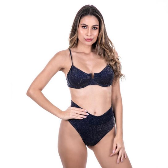 Conjunto Biquíni Meia Taça Feminino Cintura Alta Lurex Retrô - Azul Menor preço em Conjunto Biquíni Meia Taça Feminino Cintura Alta Lurex Retrô - Azul