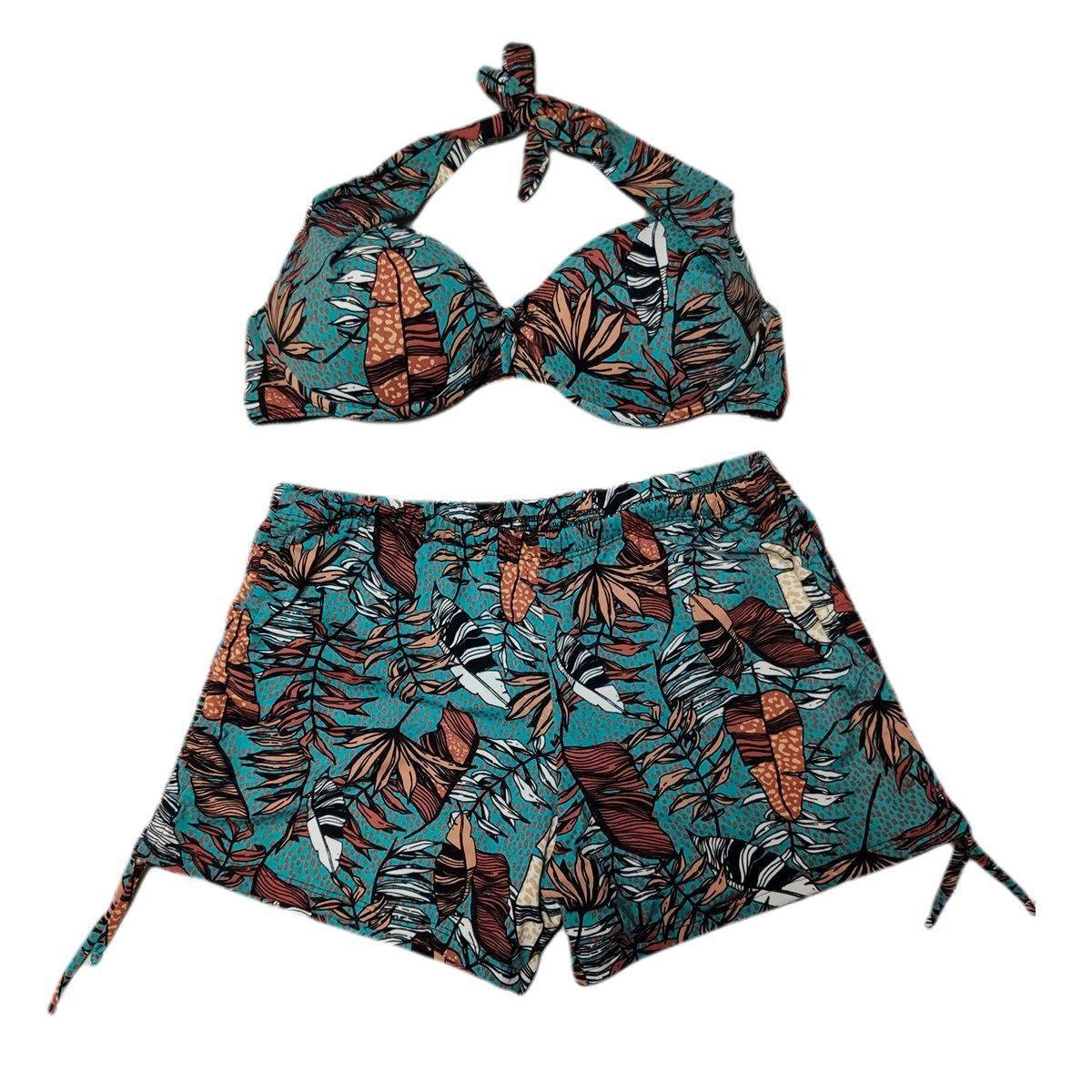 Conjunto Biquini Plus Size Com Short De Ajuste Lateral Folhagem - Preto ...
