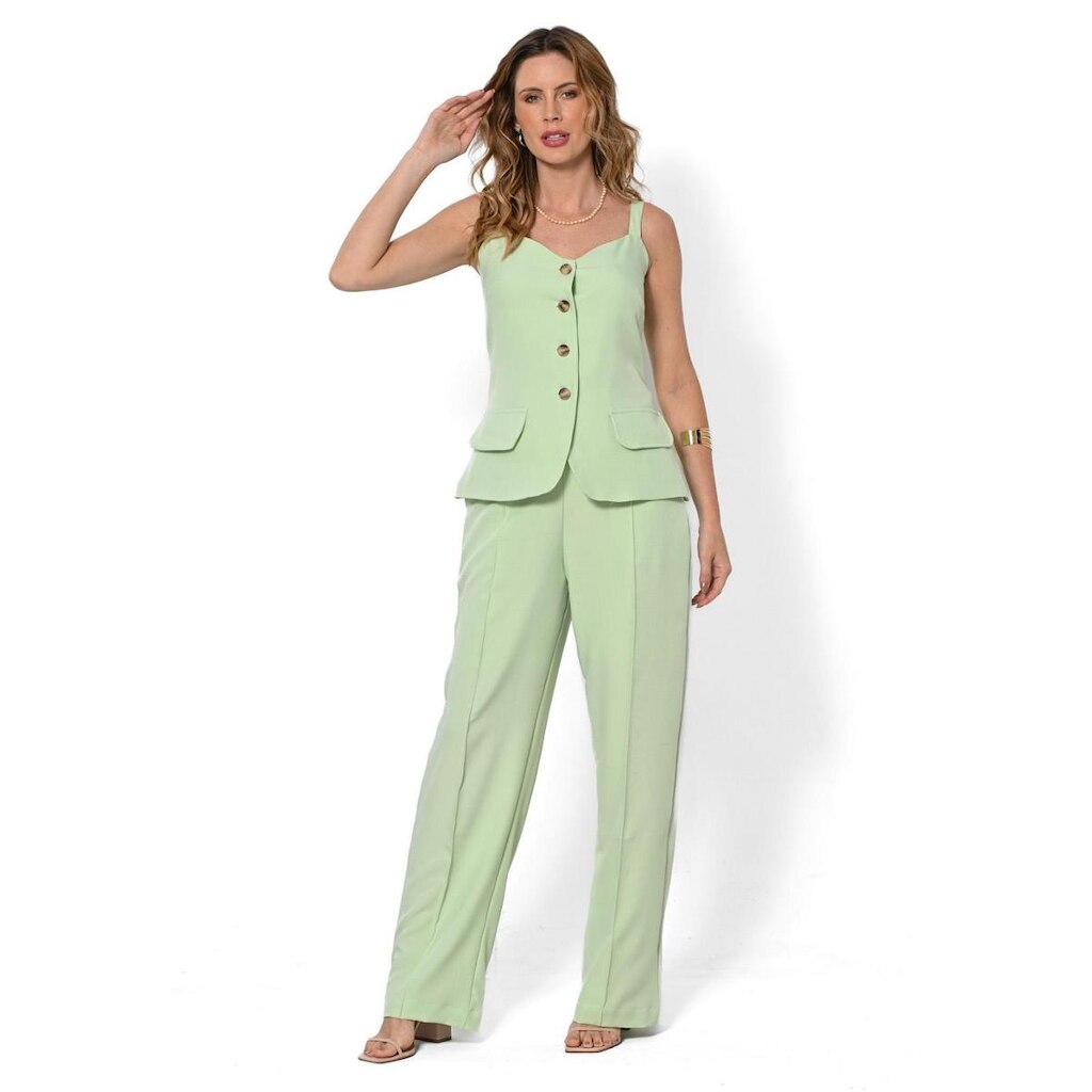 Conjunto Bisô Blusa Botão e Calça Reta Verde