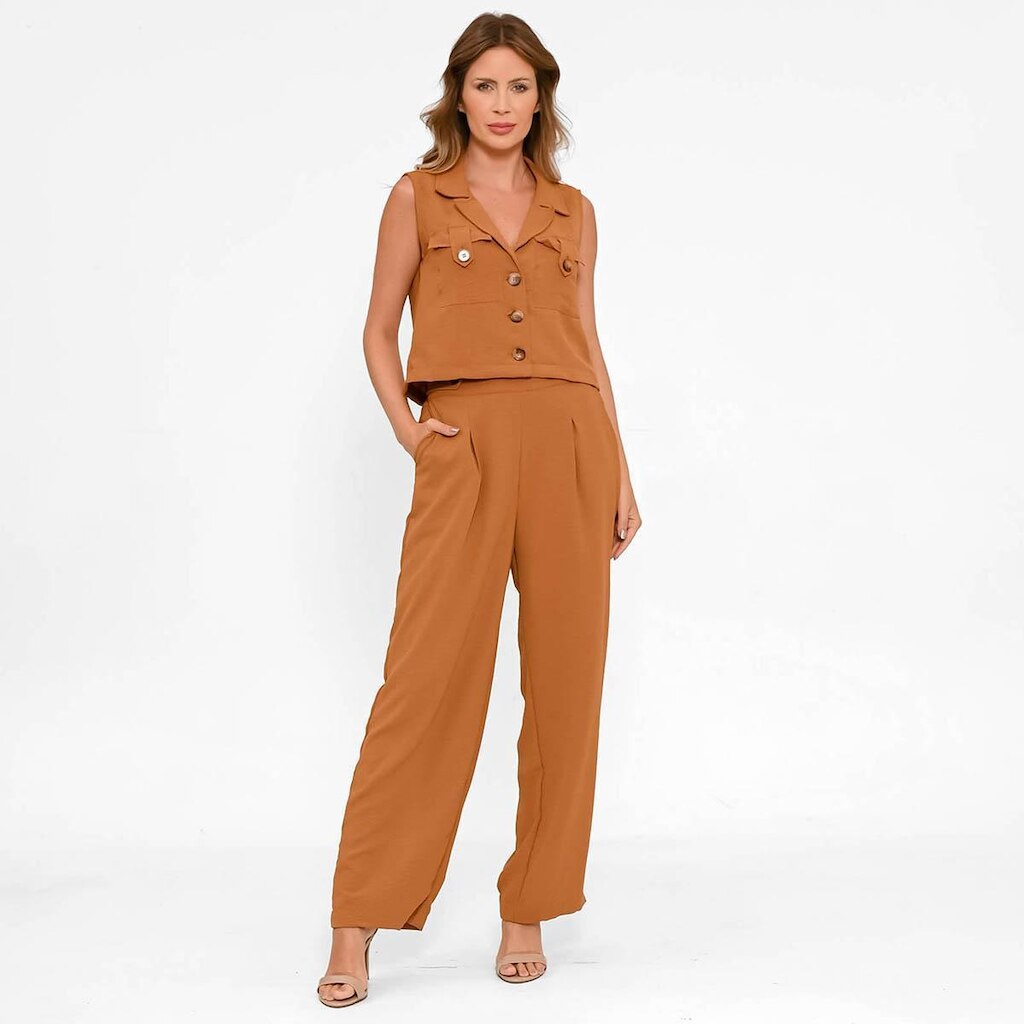 Conjunto Bisô Blusa e Calça Botões Liso Caramelo
