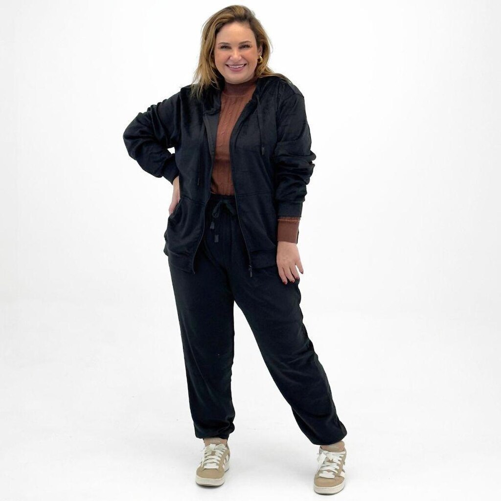 Conjunto Blue Rose Plush Plus Size Blusa com Zíper e calça Jogging Feminino
