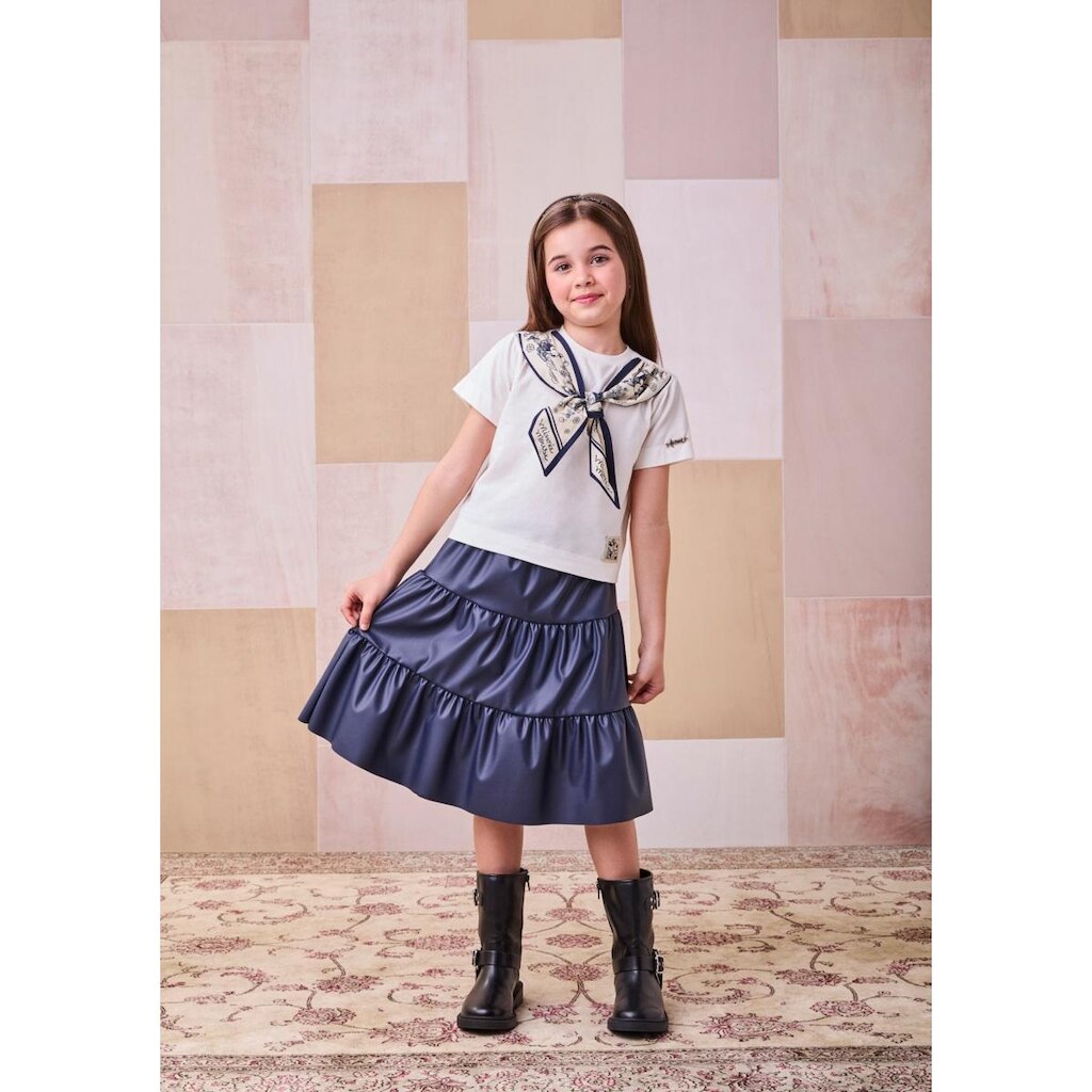 Conjunto Blusa Com Lenço Minnie e Saia de Couro Animê