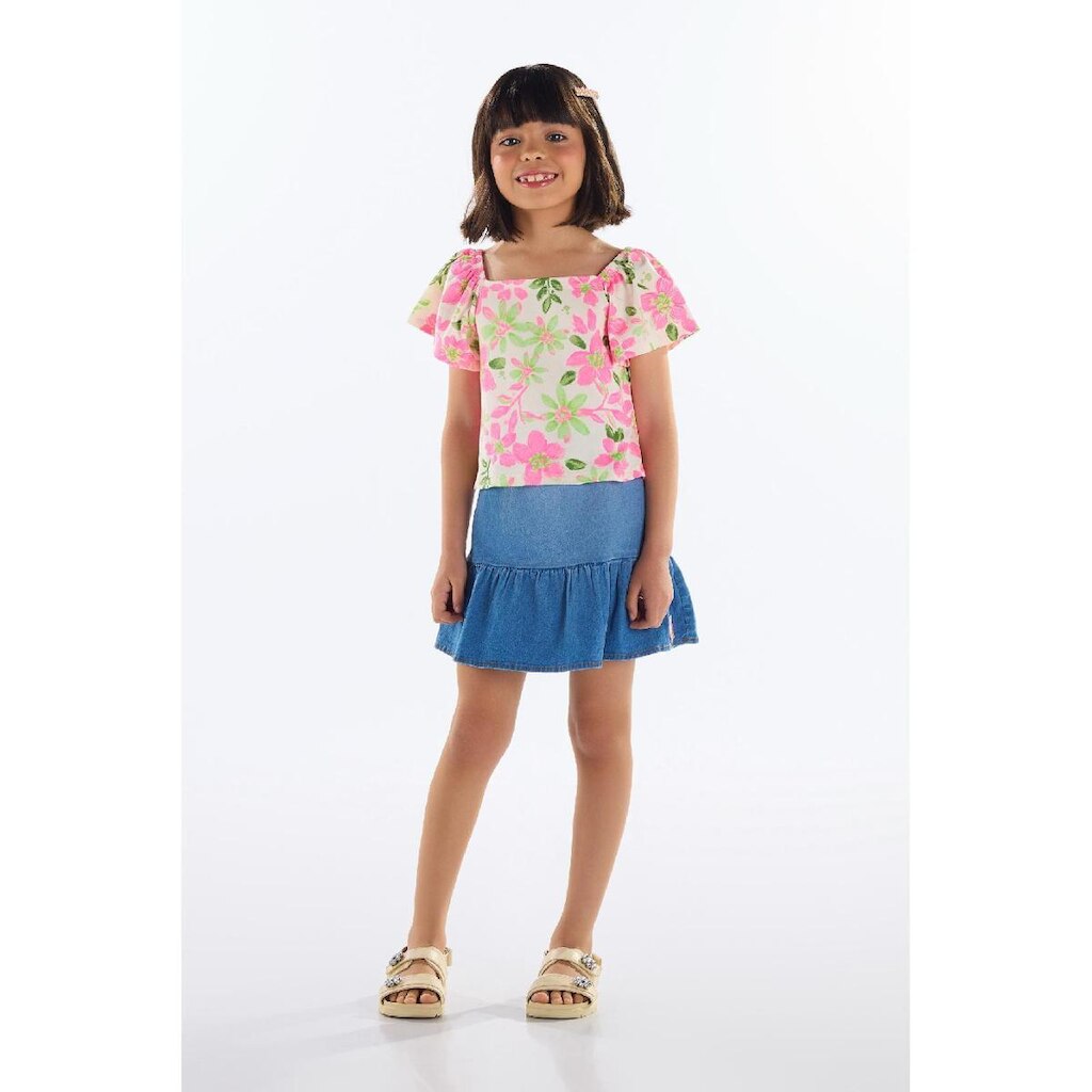 Conjunto Blusa e Saia Jeans Menina Quimby