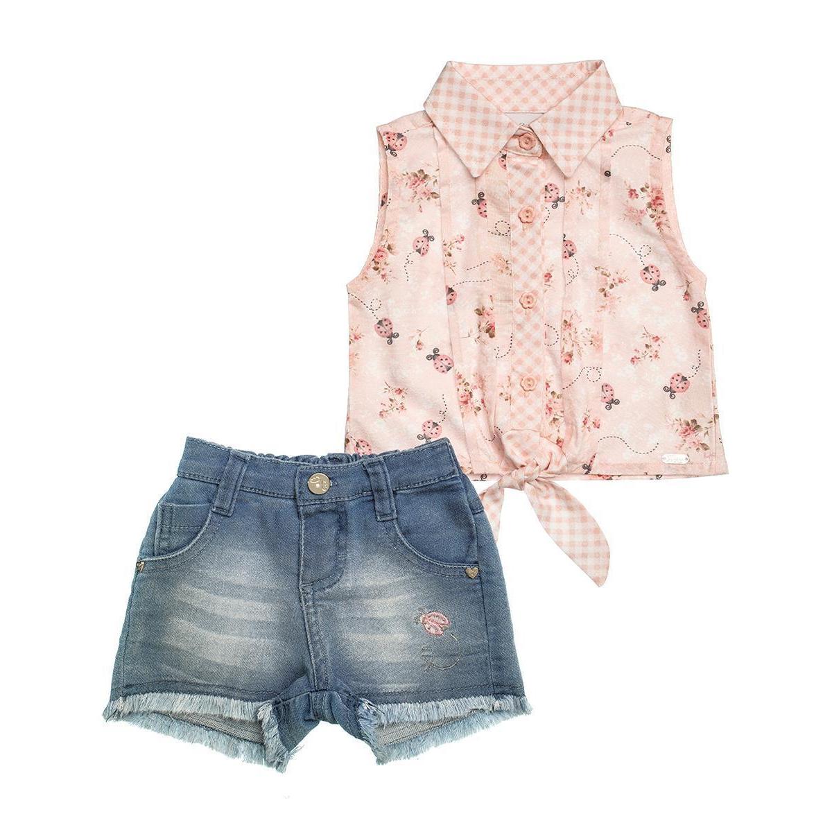 Conjunto Blusa Estamada Joaninha E Short Jeans Bordado Para Bebê - Anjos  Baby Feminino - Rosa | Netshoes