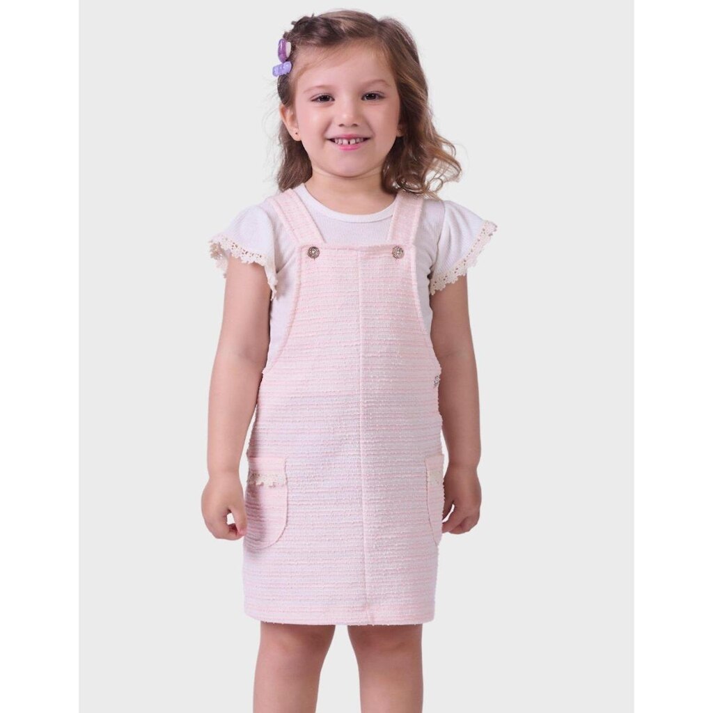 Conjunto Blusa Manga Curta Malha Trabalhada Com Salopete Listrada Elegante Menina 1 a 3
