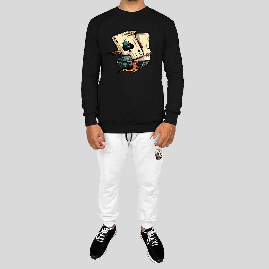 Conjunto Calça e Blusa Moletom Careca Sem Capuz Algodão Estampado Baralho