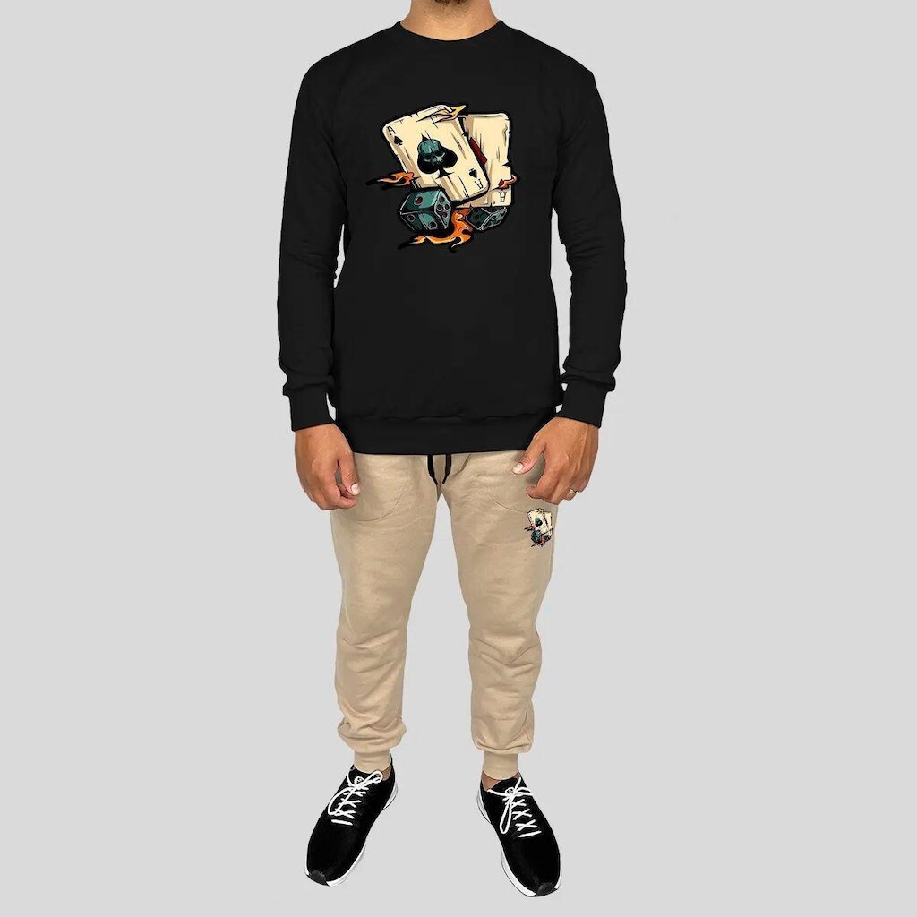 Conjunto Calça e Blusa Moletom Careca Sem Capuz Algodão Estampado Baralho