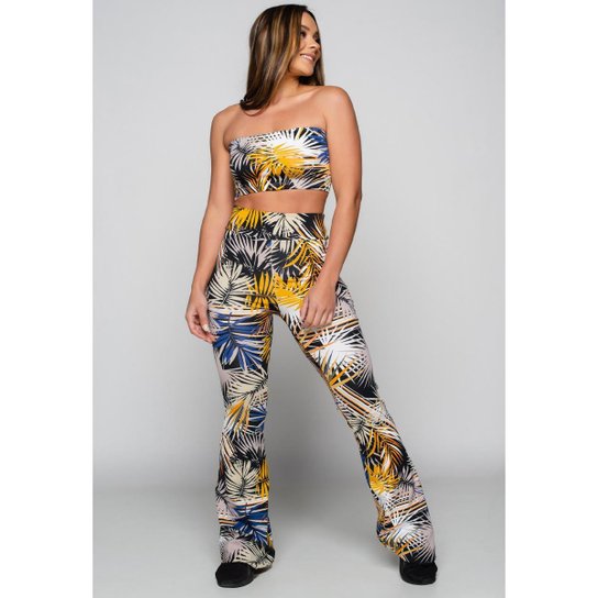Conjunto Calça Flare Feminina e Top Tomara que Caia Estampado Mvb Modas