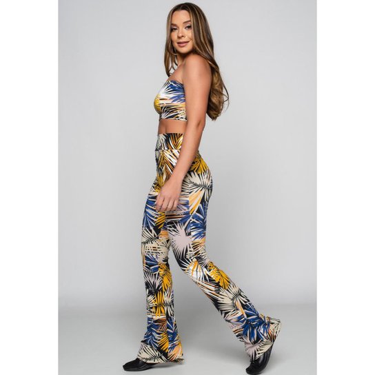 Conjunto Calça Flare Feminina e Top Tomara que Caia Estampado Mvb Modas
