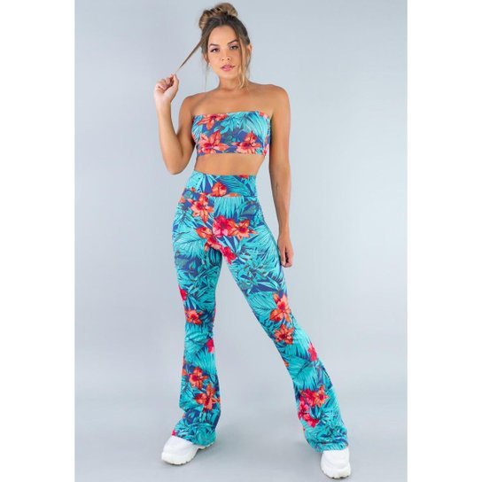 Conjunto Calça Flare Feminina e Top Tomara que Caia Estampado Mvb Modas