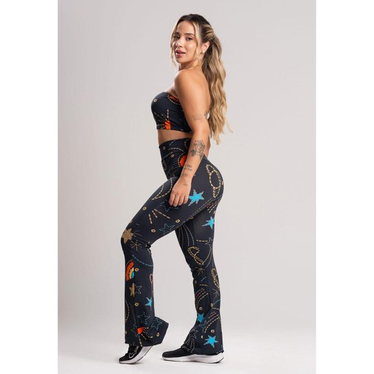 Conjunto Calça Flare Feminina e Top Tomara que Caia Estampado Mvb Modas