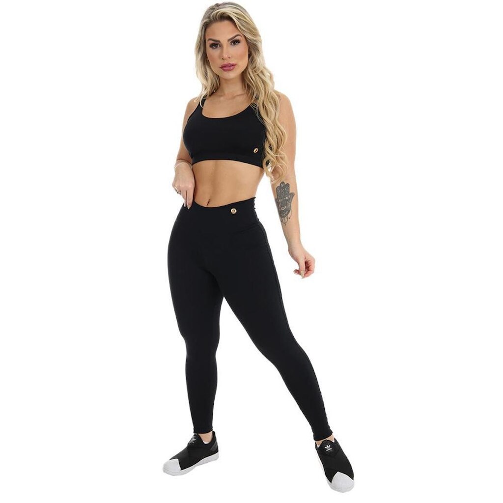 Conjunto Calça Legging e Top Academia Liso Cós Duplo Feminino