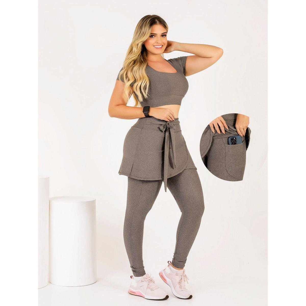 Conjunto Calça Legging Saia Com Bolso Laço Top Cropped Moda