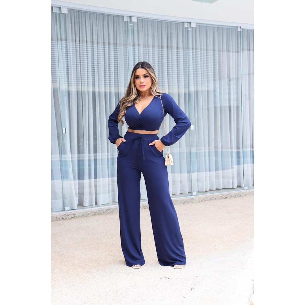 Conjunto Calça Pantalona e Blusa Manga Longa Transpassada