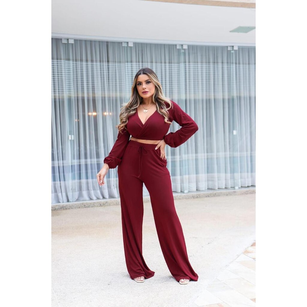 Conjunto Calça Pantalona e Blusa Manga Longa Transpassada