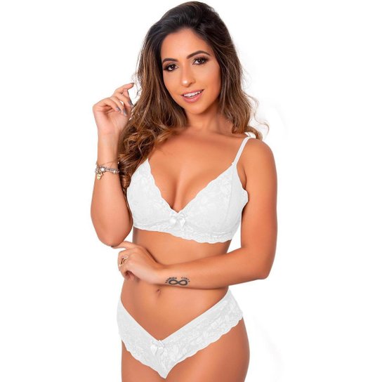 Conjunto Calcinha e Sutiã Sem Bojo Renda - Branco Menor preço em Conjunto Calcinha e Sutiã Sem Bojo Renda - Branco