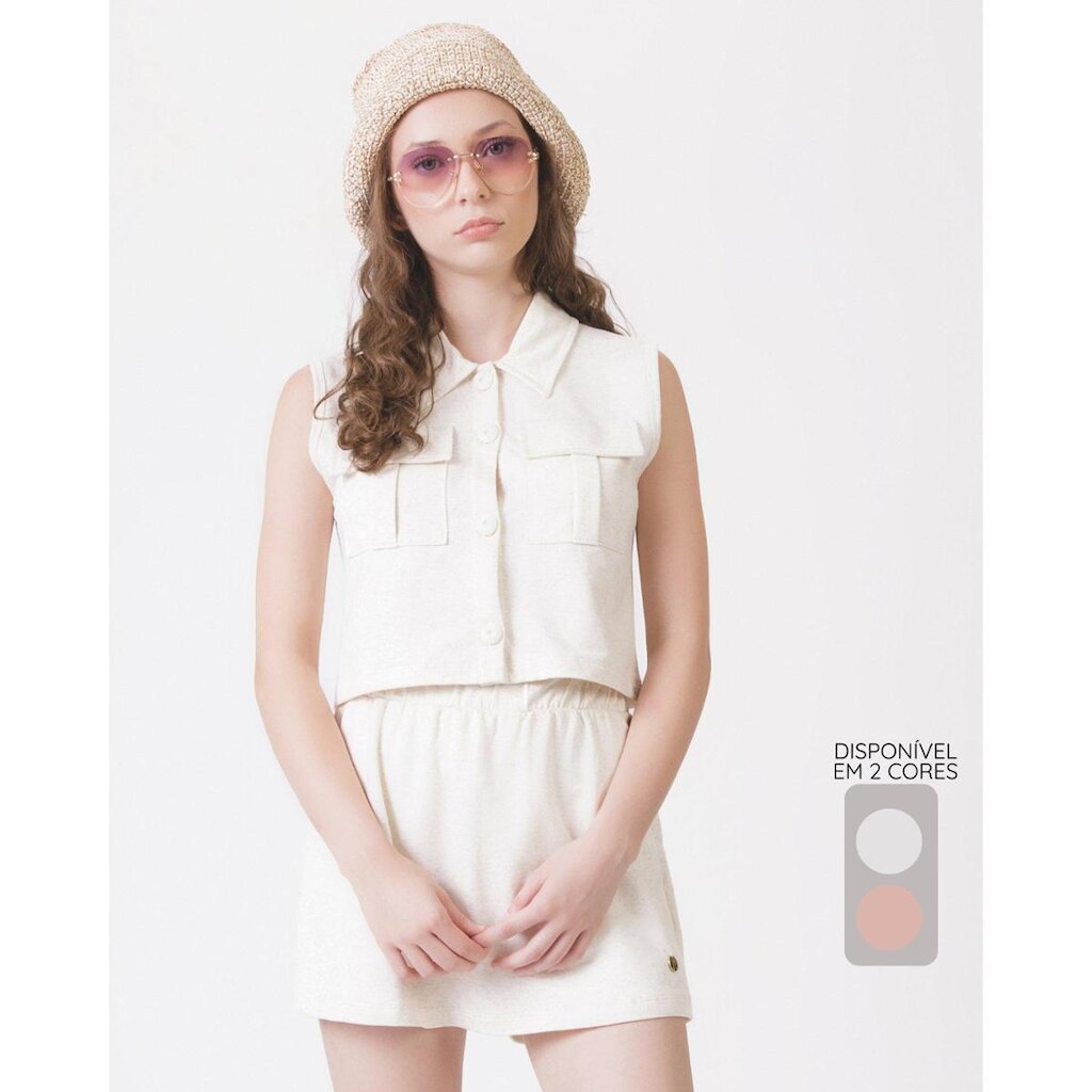 Conjunto camisa botão bombe e shorts verão leve casual - OffWhite e Rosa - Feminino 12 a 18 anos