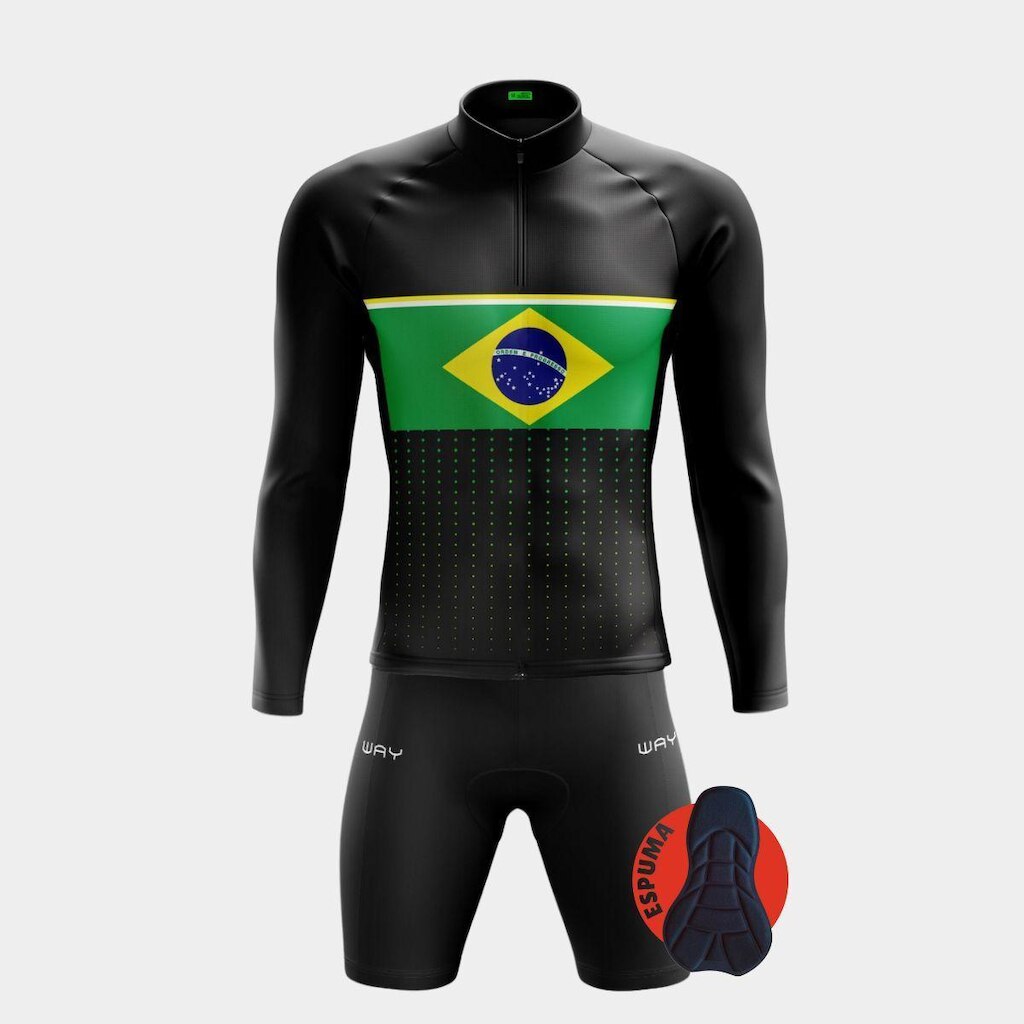 Conjunto Camisa Ciclismo Masculina Manga Longa PRO Bermuda de Espuma - Brasil Points - GG