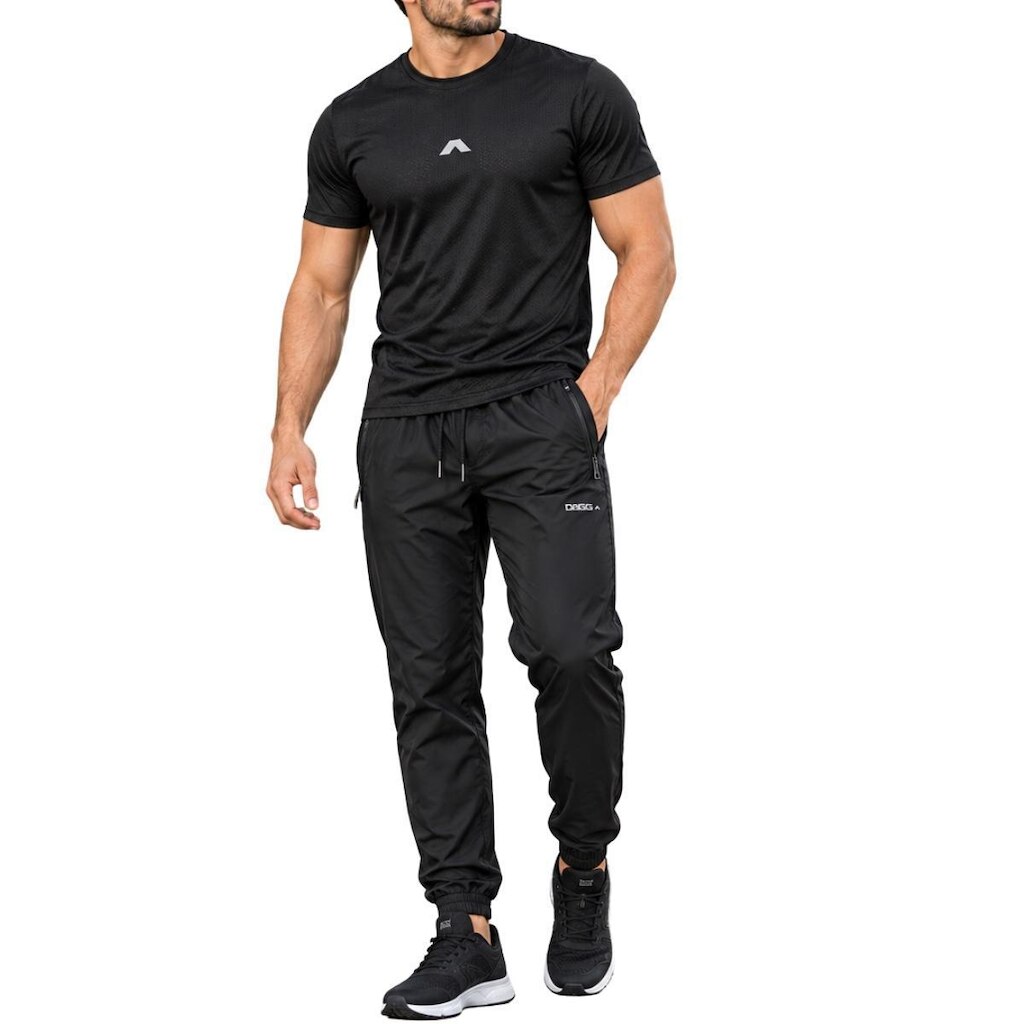 Conjunto Camisa Dagg Dry Esportiva Academia + Calça Masculina Tactel com Bolsos e Zíper