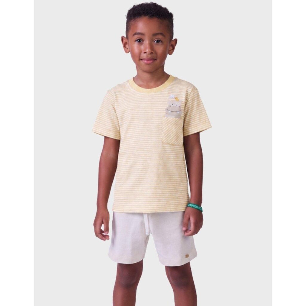 Conjunto Camisa Listrada Moda Verão Estampa Animal Com Bermuda Moletinho Suave Menino 1 a 4